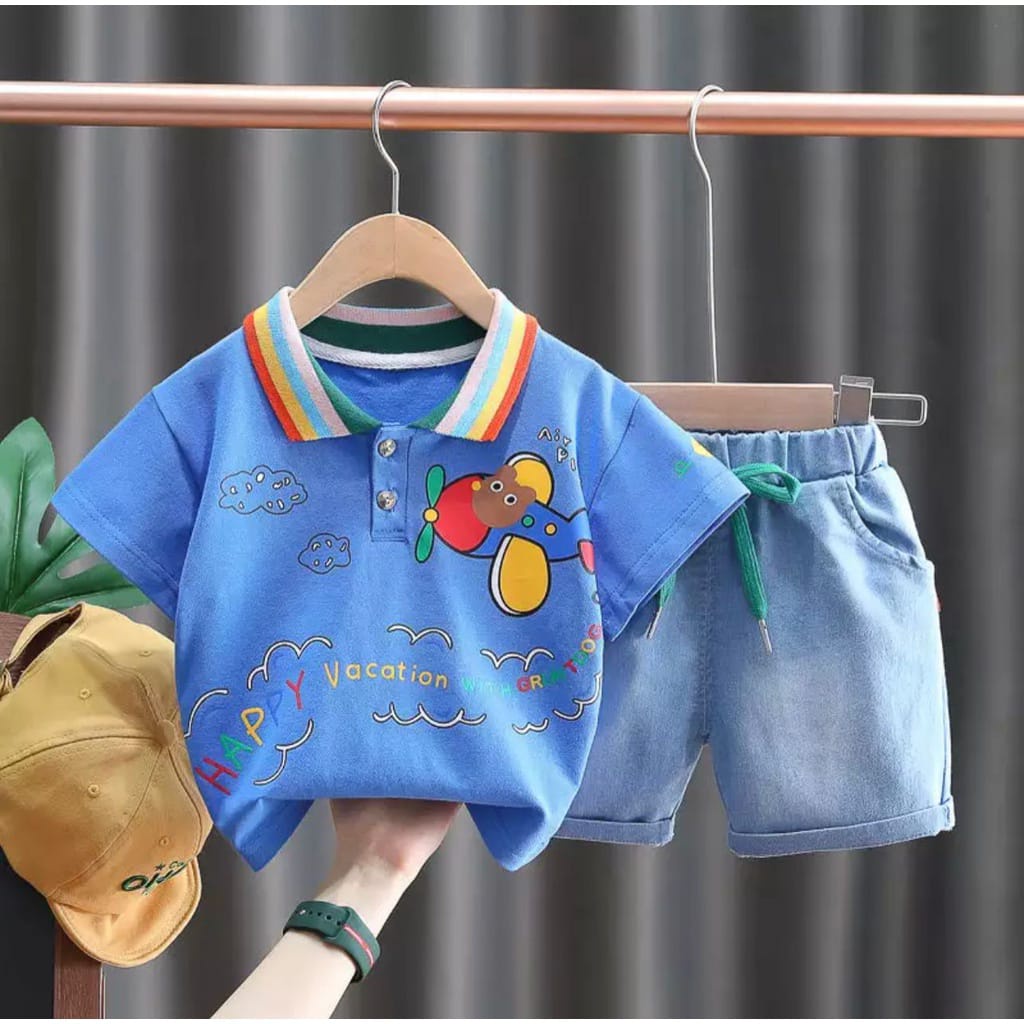 SETELAN ANAK BAJU ANAK SETELAN POLO DINO DENIM JEANS UMUR 1-5 TAHUN