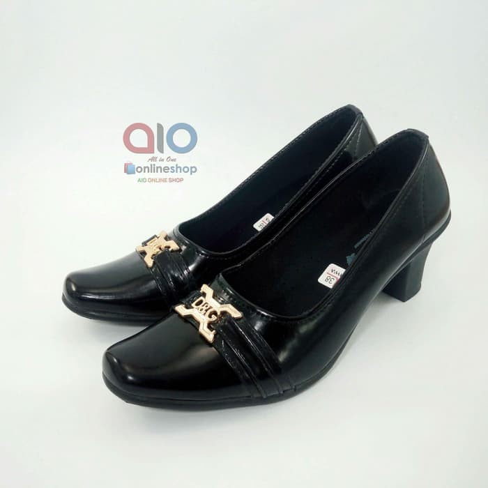 Aline Sepatu Pantofel Wanita Hak 7 Cm Glossy High Heels Hitam Kilap Glosy AW20