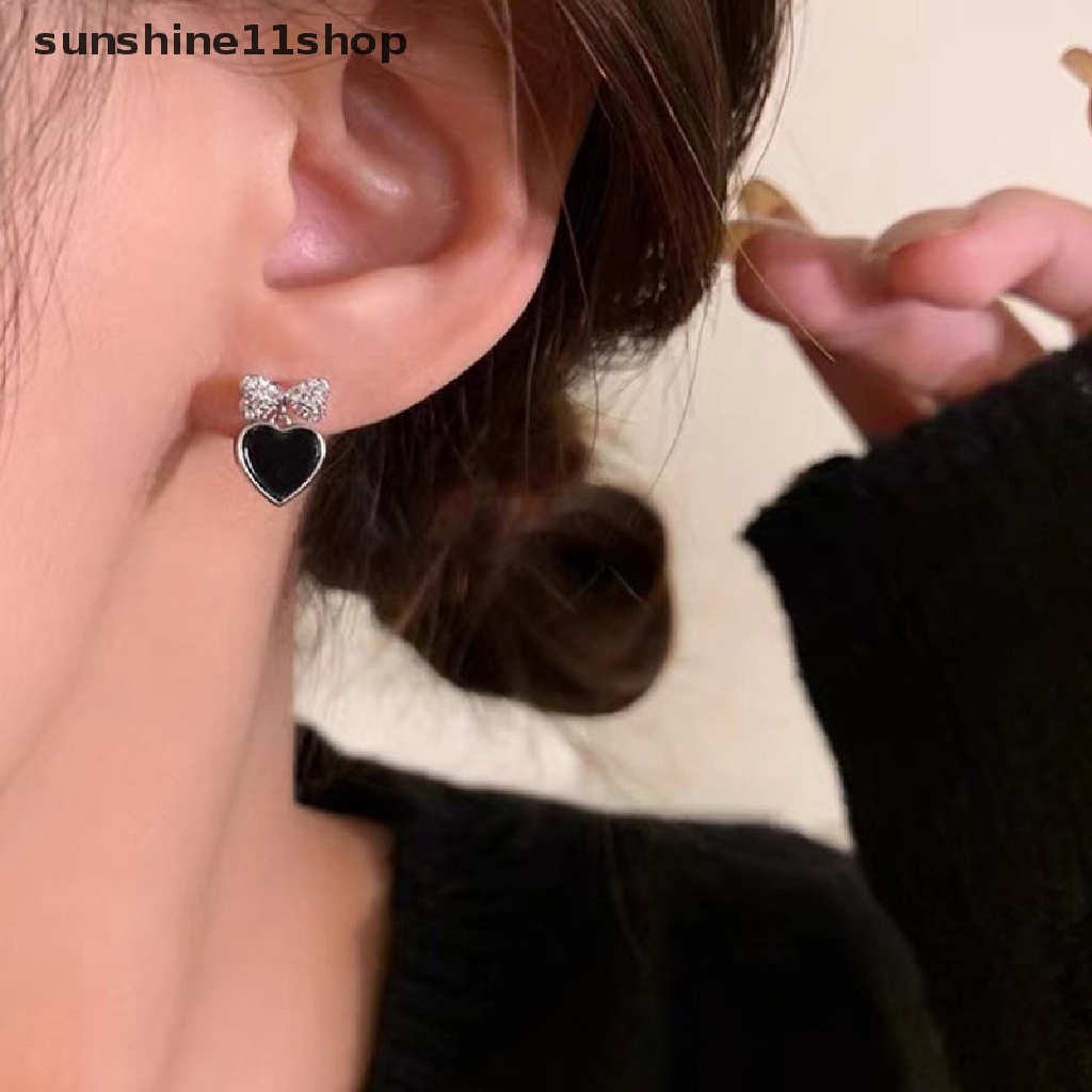 Sho Anting Wanita Asimetris Lucu Ikatan Simpul Hitam Hati Drop Earrings Berlian Imitasi Aksesoris Untuk Wanita pendientes mujer N