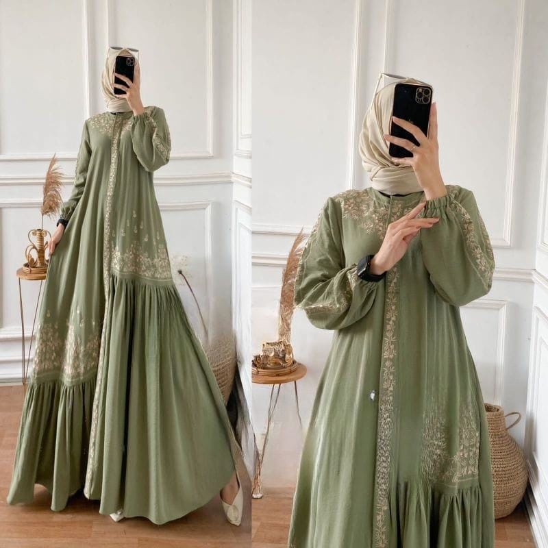 Saira Maxy Dress Bordir  Crinkle Airflow Terbaru Mewah Lebaran 2023 Pakaian Muslim Wanita Baju Muslimah Kekinian Fashion Muslim Outfit All Size Series Ld 110 CM