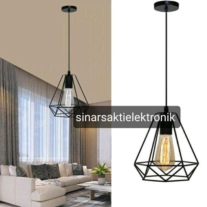 Kap Lampu Gantung Besi Cafe Hias Vintage Fitting Plafon E27 Diamond 1 Set Industrial Hitam