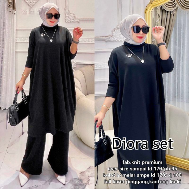 Diova Set / Setelan Wanita Matt Knit Premium / Long Tunik + Kulot / Fashion Wanita Kekinian / Setelan Terlaris / RC-Black