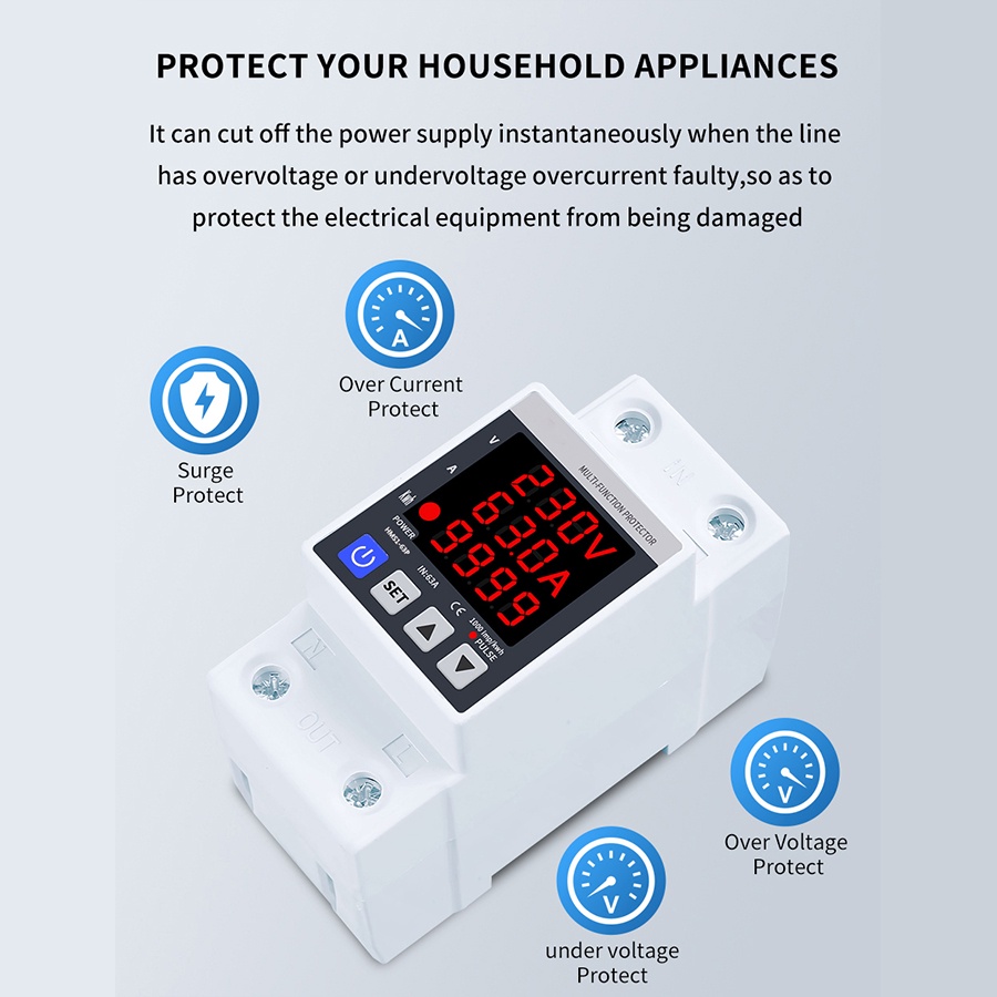 Din Rail Adjustable 3IN1 Over Under Voltage Current Protection 2P 63A 230V