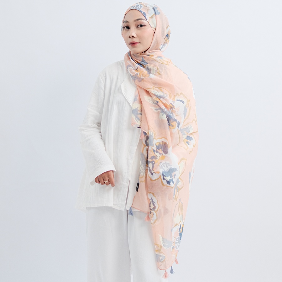 ITSFRIDAY IRONA In Apricot Scarf - Premium Pashmina Shawl Selendang Syal Pasmina Hijab Import Motif Flower Art Salem Navy Tassel