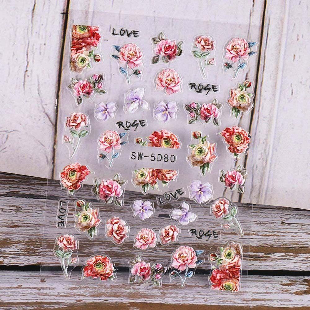 MXBEAUTY Bunga Stiker Kuku Wanita 5D Relief Daun Burung Jam Hari Valentine Nail Art Nail Art Dekorasi