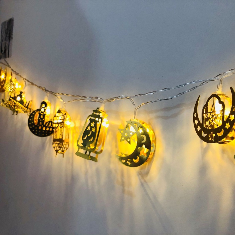 Castle Moon Star Gold Colour Lights Ramadhan Dekorasi Rumah 10LED Eid Mubarak Decor Perlengkapan Pesta Muslim Islami Lebaran Bulan Bintang Led String Light Iron Art Lampu String Led