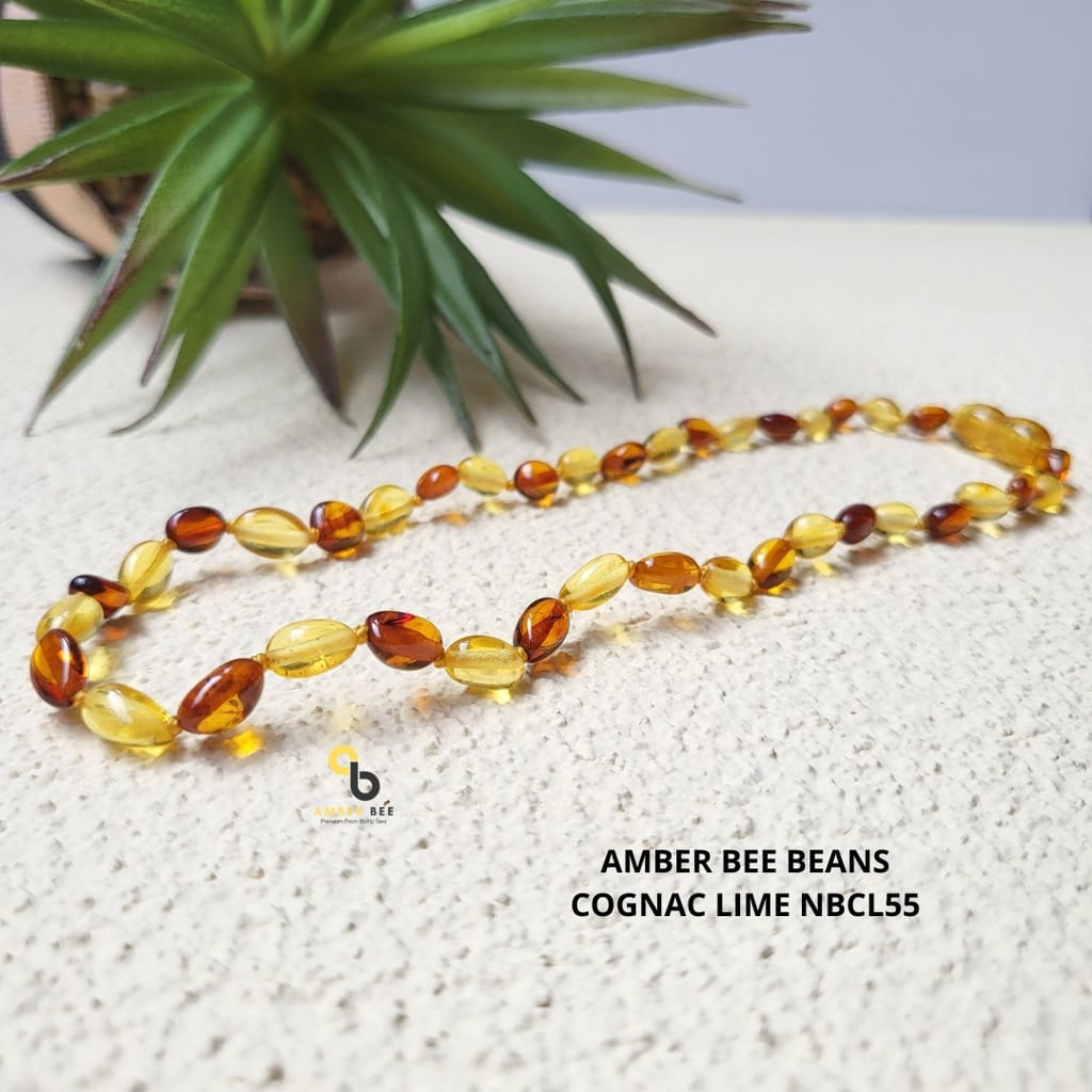 Kalung Amber Anak Tumbuh Gigi Premium Glossy Lemon Cognac Beans NGLCB55 By Amber Bee