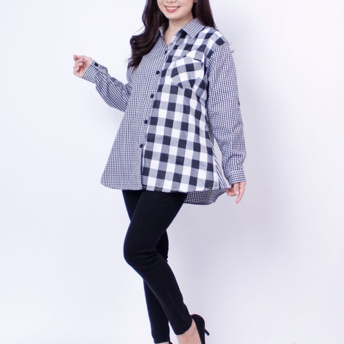 Baju Kemeja Cewek model kombinasi fit to xxl Hitam XL High Quality C5V2 good quality terlaris lembut