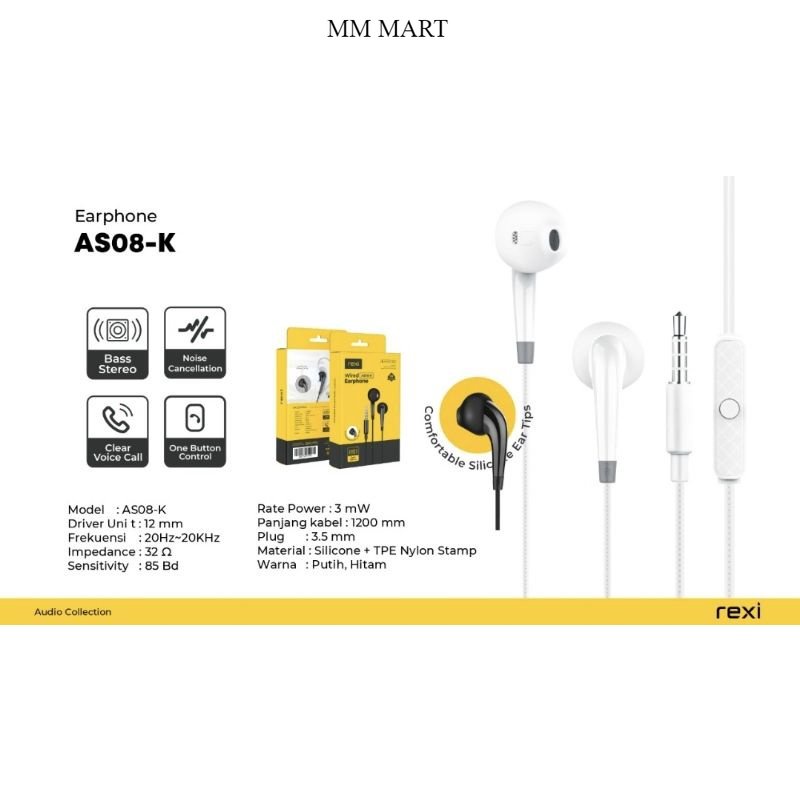 [BISA COD] Rexi AS08-K Wired Earphone Noise Cancellation