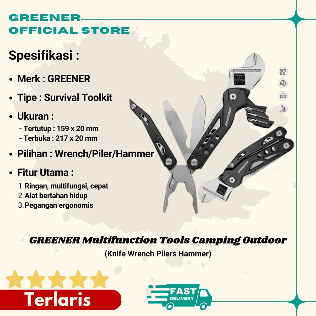 GREENER Multifunction Tools Alat Multifungsi Camping Outdoor Pisau Kunci Pas Tang Palu