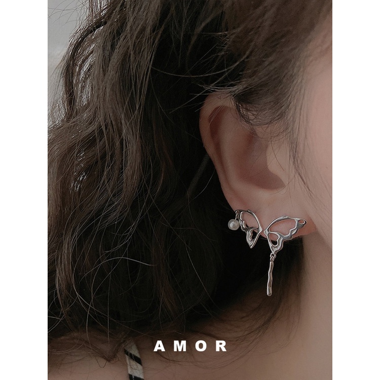 Anting Mutiara Kupu-Kupu Gaya Perancis Desain Ceruk Gadis Lembut Perempuan ins Asimetri