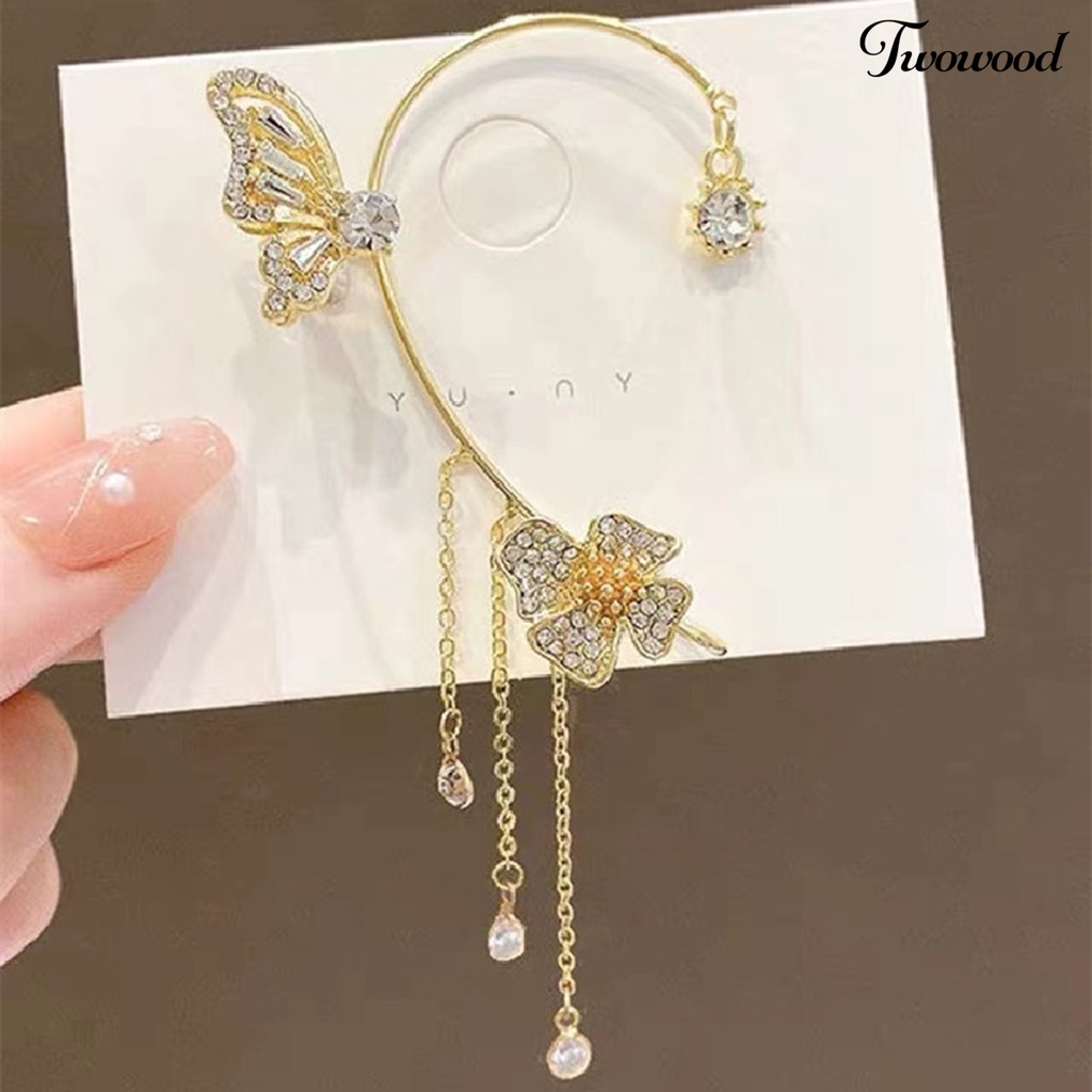 Twowood 1Pc Manset Telinga Mewah Temperamen Dekorasi Geometris Tinggi Gloss Berdandan Tanpa Tindik Shiny Cubic Zirconia Butterfly Ear Cuff Perhiasan Aksesoris