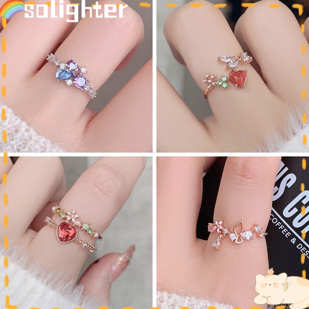 Solighter Cincin Zirkon Kristal Manis Populer Cinta Geometris Prancis Elegan