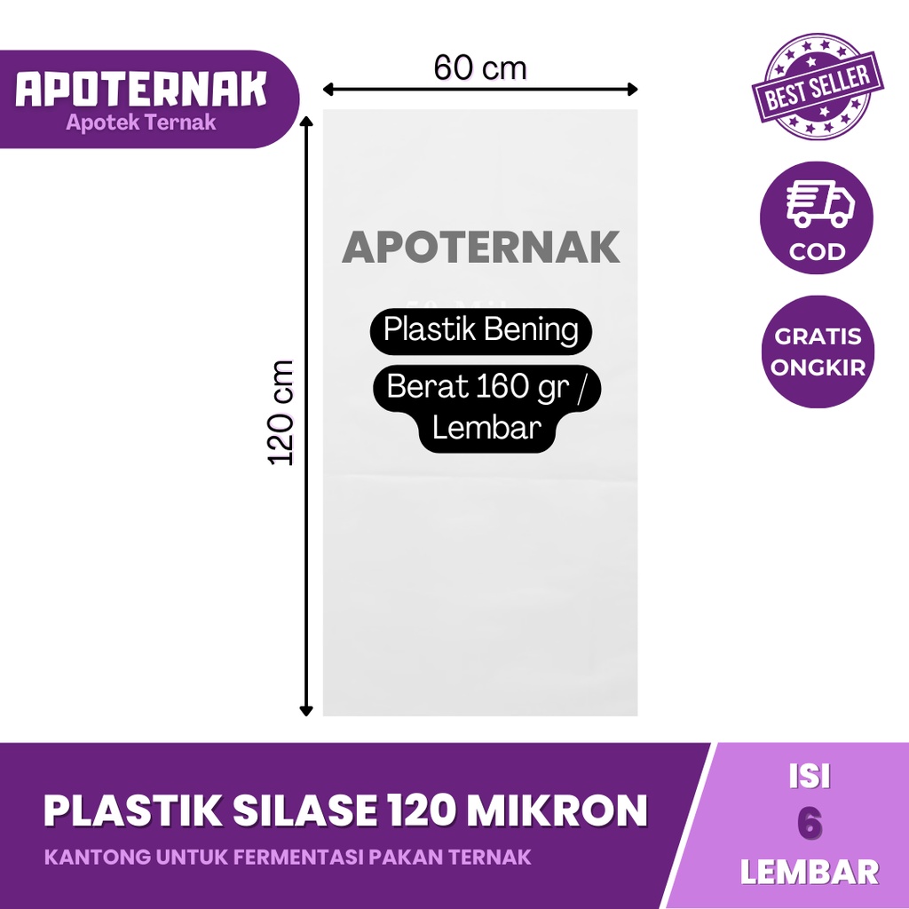 PLASTIK SILASE TEBAL 120cm x 60 cm ketebalan 120 Mikron 6 pcs | Plastik Untuk Fermentasi Pakan Ternak Hewan Sapi Kambing Domba | 120 Micron 6 lembar| Apoternak