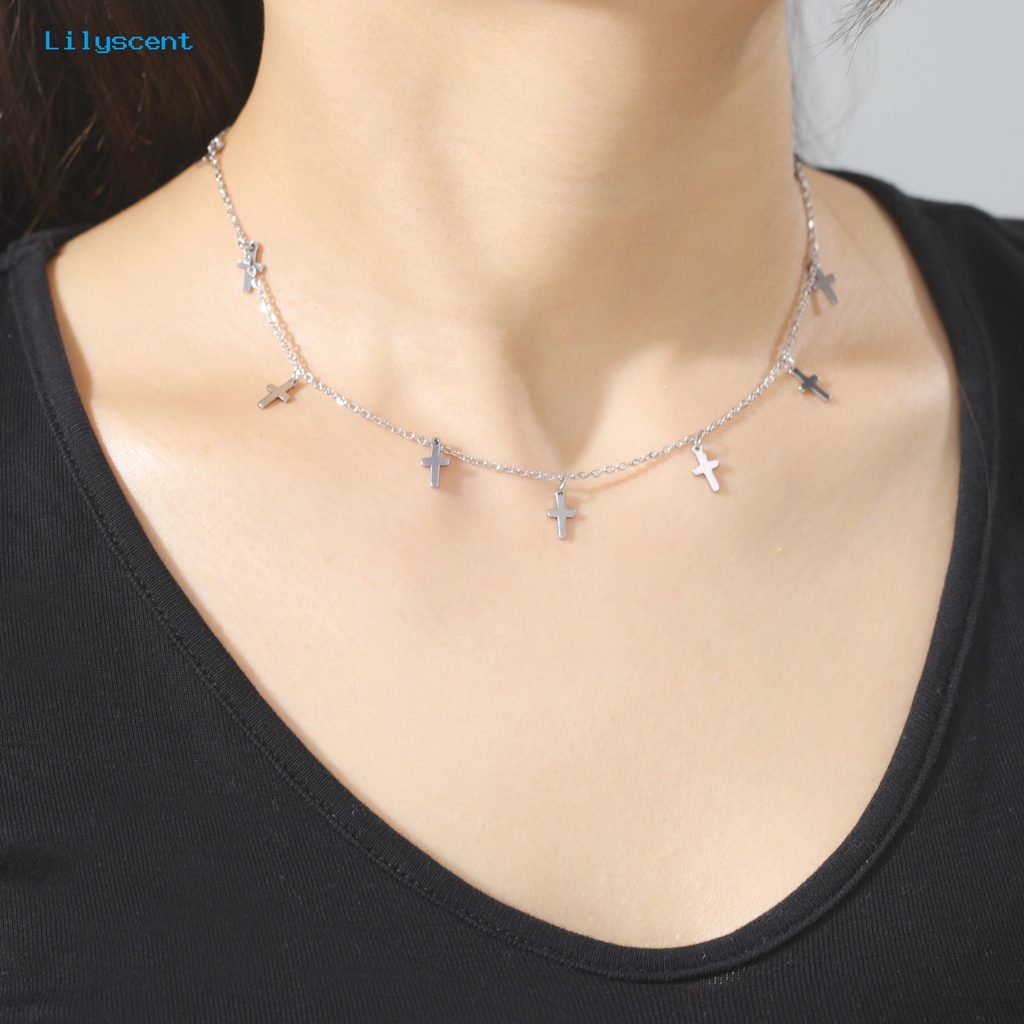 [LS] Rantai Klavikula Kepribadian Mewah Hadiah Valentine Stainless Steel Fashion Multi Cross Liontin Wanita Kalung Perhiasan Aksesori