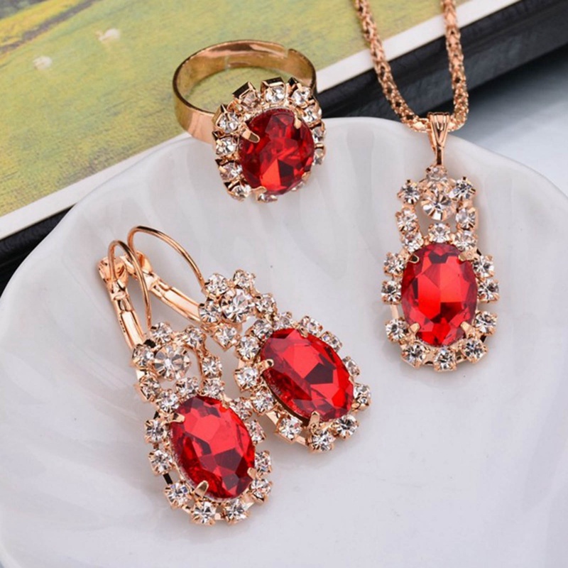 3pcs/set Cincin Kalung Anting Kristal Rantai Cakar Permata Oval