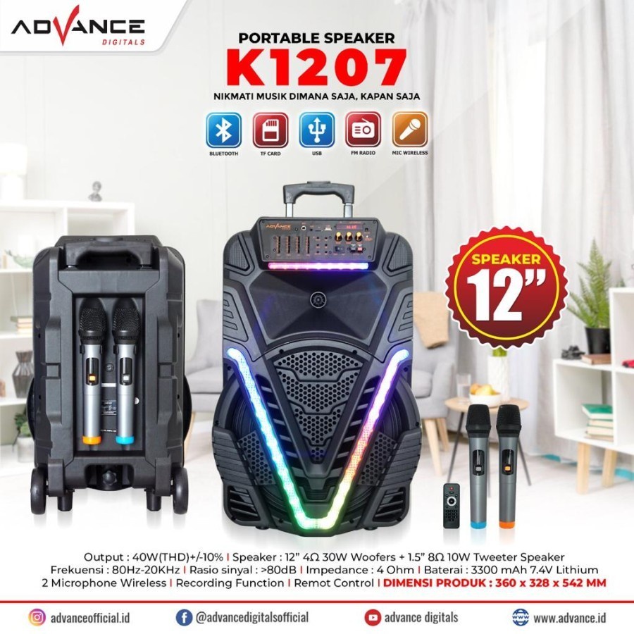 SPEAKER KARAOKE ADVANCE 12&quot; K-1207 SPEAKER BLUETOOTH KARAOKE 12 INCH K1207 GARANSI RESMI