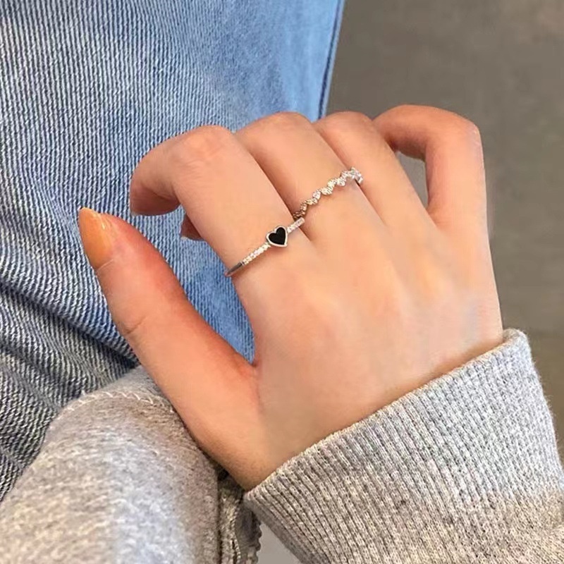 2 Pcs Set Cincin Pasangan Pernikahan Cincin Pesta Tipis Halus Indah Hadiah Perhiasan Fashion Dapat Disesuaikan Terbuka Wanita Wanita Elegan Cinta Hati Jari Cincin