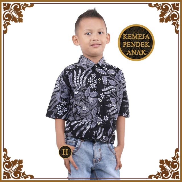 Couple Kemeja / Hem Batik Lengan Panjang Pendek Ayah Anak Motif Manggar Abu 1-14 tahun butikdian