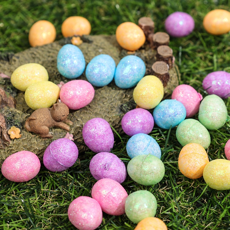 80pcs/set Telur Paskah Mini Artificial Warna-Warni/Telur Burung Busa Glitter/Perlengkapan Dekorasi Pesta Rumah Happy Easter