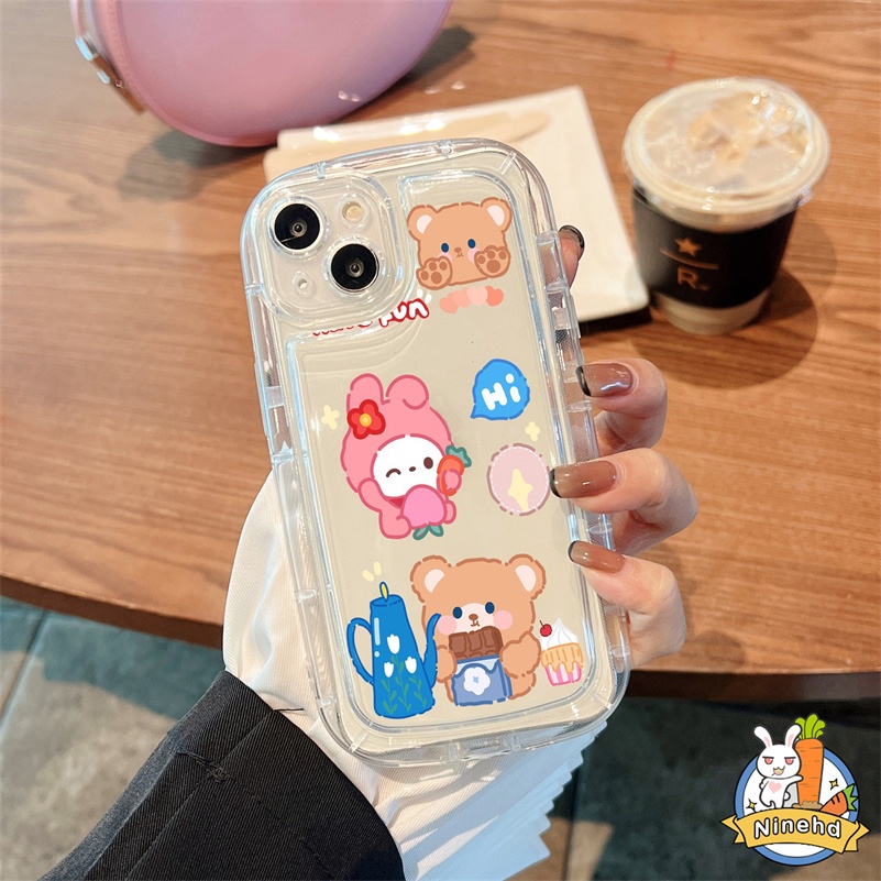 IPHONE Casing Kompatibel Untuk Iphone14 13 12 11 Pro Max X Xr Xs Max8 7 6 6s SE 2020 Plus Motif Beruang Kelinci Lucu Casing Ponsel Bening Air-cushion Case Silicone Fall-proof Cover Pelindung