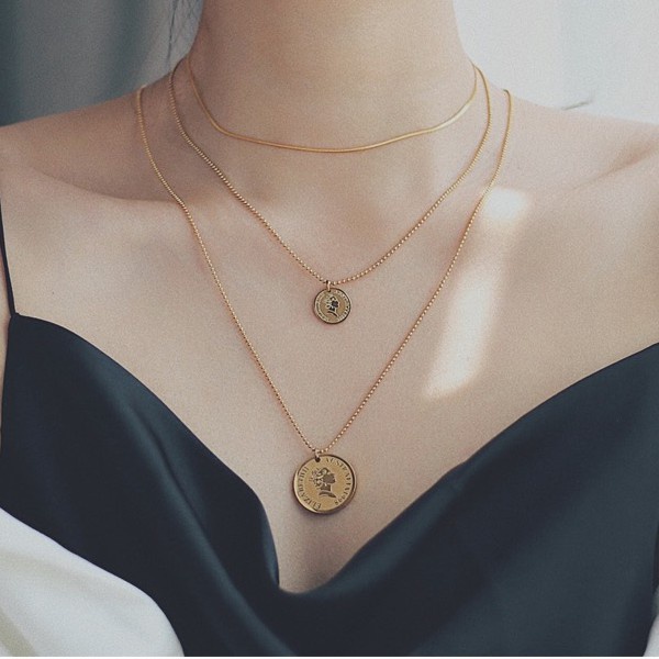 Kalung Rantai Pendek Dengan Liontin Koin Kecil / Besar Untuk Wanita | Kalung Rantai Pendek Dengan Liontin Koin Gambar Ratu Elizabeth Warna Emas Untuk Wanita | Kalung Rose Gold 18k | Kalung Bahan Stainless Steel | Kalung Bahan Titanium Steel | Hadiah Ulang