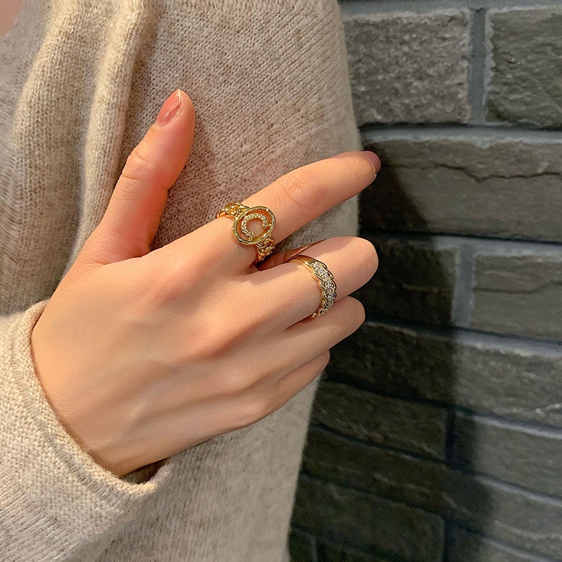 Desain Niche Jepang Korea Fashion Unik Huruf C Berlian Imitasi Berkelas Cincin Terbuka