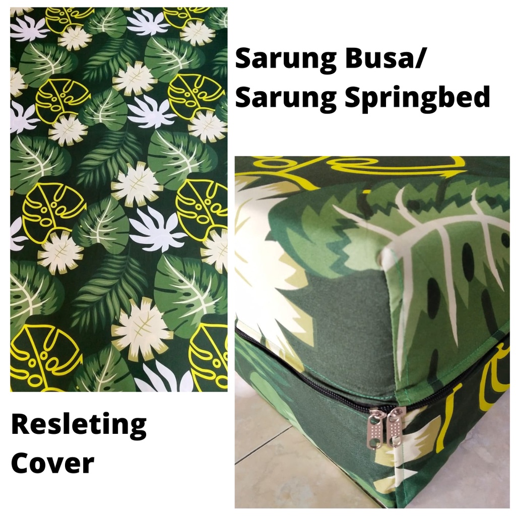 Sarung Busa / Springbed Resleting Cover Motif Daun Hijau Kuning - Sprei Aesthetic