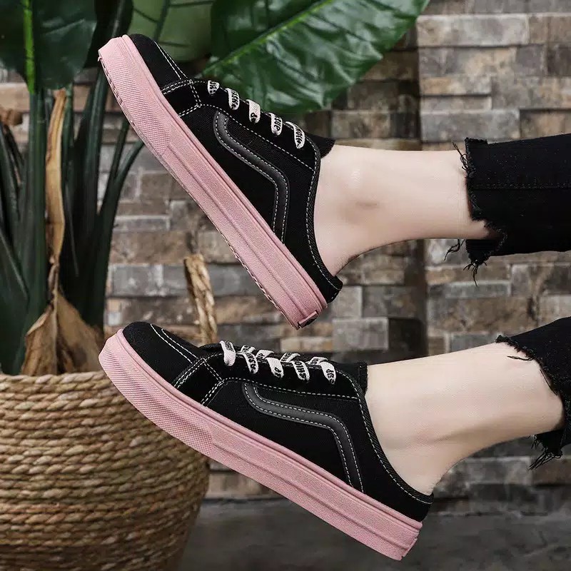 Sepatu Sneakers Slip On Slop Wanita Warna Hitam Tali Casual Style Korea Import Fashionsup FSH239