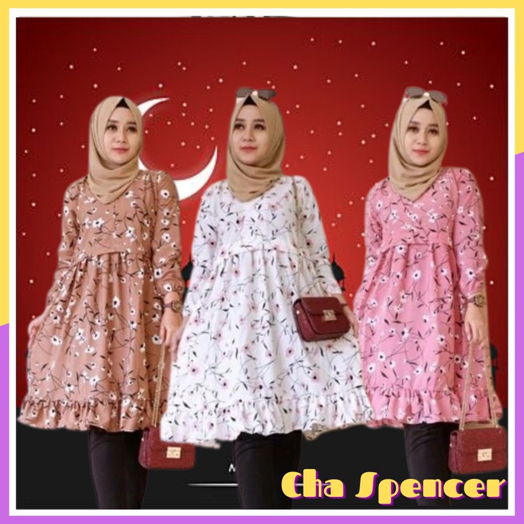 Baju Atasan Long Tunik Wanita Muslim Remaja Modern Motif Bunga Cantik Elegan Trendy Murah Trend Keki