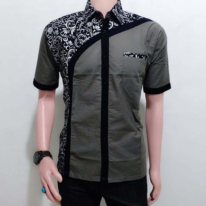 Terlaris Baju Batik Pria Kombinasi Polos Kertabumi Lengan Pendek