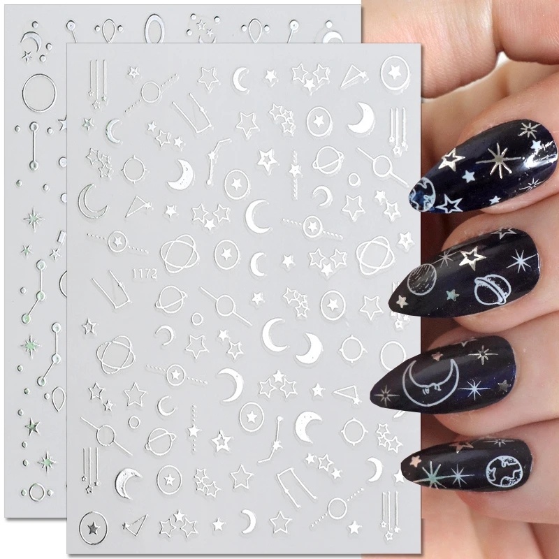 6 Pcs/set Laser Emas Perak Stiker Kuku 3D Geometris Jantung Bintang Bulan Api Matahari Manikur Stiker DIY Kuku Seni Dekorasi Aksesoris