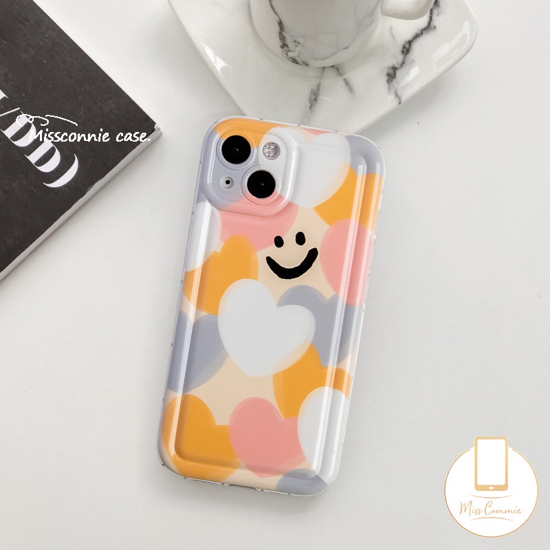 IPHONE Case Cinta Hati Warna-Warni Kompatibel Untuk Iphone11 14 13 12 Pro Max6 7 8 6S Plus XR X XS MAX SE 2020 Kartun Lucu Smiley Pelindung Kamera Lembut TPU Shockproof Airbag Silicon Cover