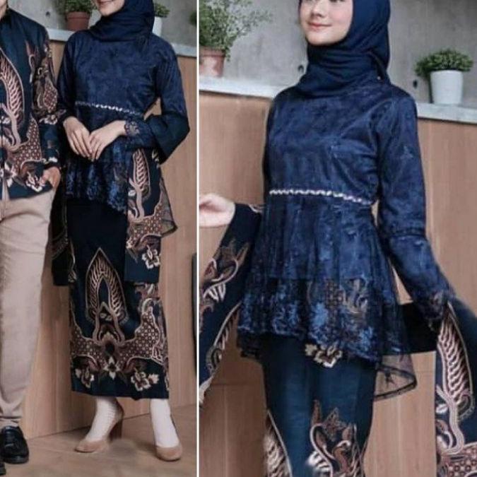 ❂ Couple Kebaya Modern Baju Wisuda Tunangan Lamaran Terbaru Baju Batik Brokat Couple navy ֍