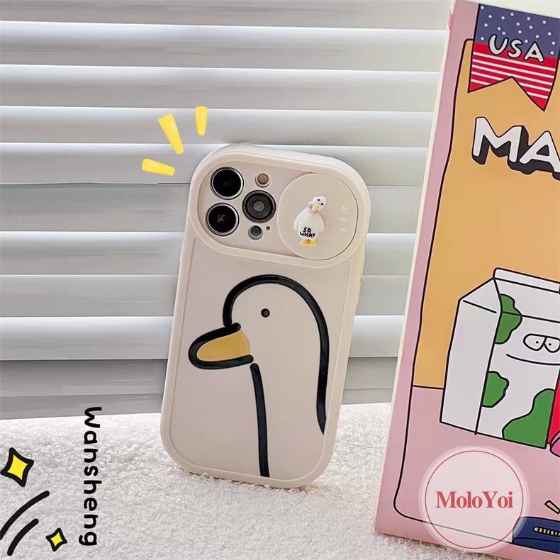 IPHONE Case Pelindung Kamera Kompatibel Untuk Iphone11 12 13 Pro MAX XR 78 Plus X XS MAX 7Plus 8Plus 3D Kartun Bebek Lucu Geser Dorong Tarik Creamy Simple Lembut TPU Cover