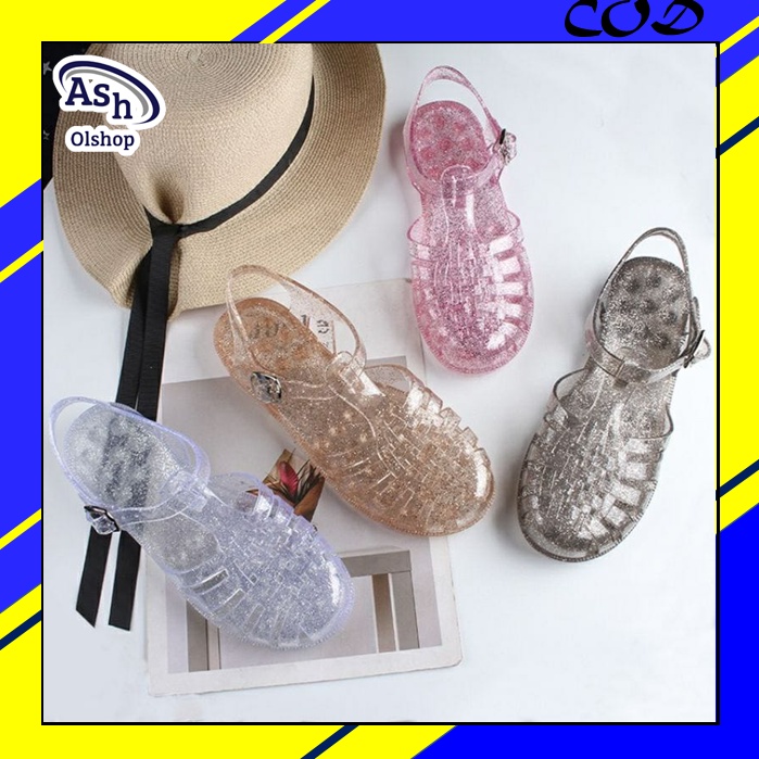 Meisha Jelly Transparant Glitter/Meisha Jelly Shoes Dewasa/sandal jelly wanita/sandal karet anti sli