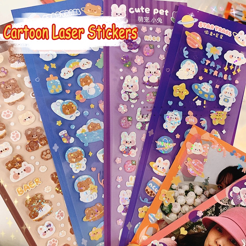 1lembar Kartun Lucu Laser Beruang Kelinci Stiker Shiny Kawaii Tahan Air Hias Decals Untuk DIY Scrapbooking Foto Jurnal Perlengkapan Alat Tulis Sekolah