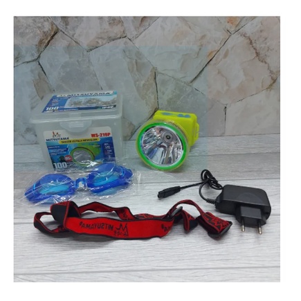 Senter Kepala Selam Diving 100 WATT  MS-219 K MS 219 P CAHAYA KUNING DAN PUTIH Headlamp WATER PROFF anti AIR 3 MODE rechargeable free Gratis Kacamata Renang ( COD )