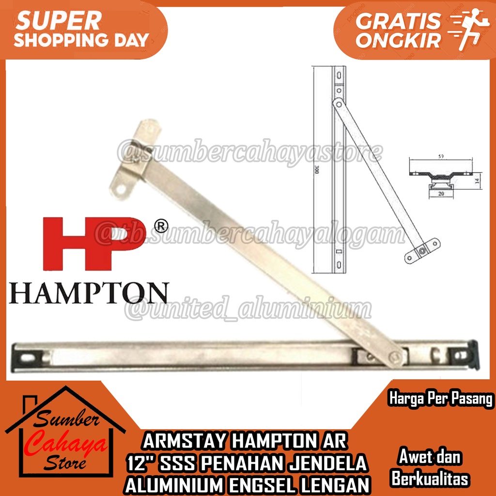 Armstay Hampton Ar 12" Sss Penahan Jendela Aluminium Arm Stay 12 Inch Engsel Lengan Wayang Engsil  A