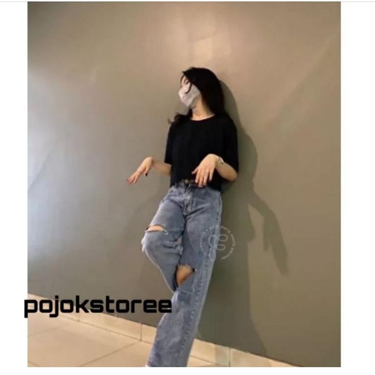 LANGSUNG ORDER HIGHWAIST KULOT JEANS SOBEK LUTUT LOOSE WANITA SNOW JEANS DENIM CELANA KULOT SOBEK BO