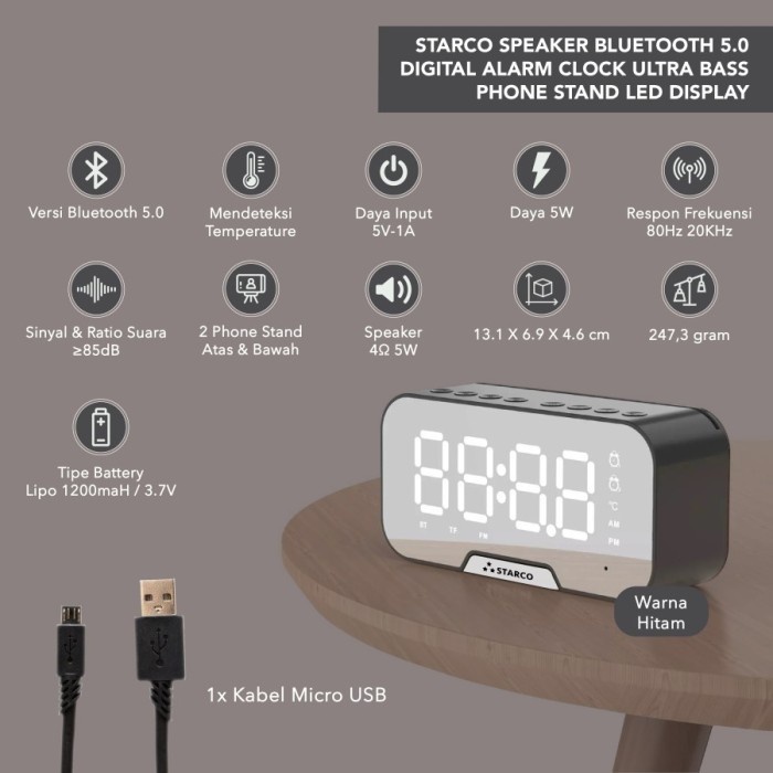 BAROKAH GAMIS Speaker Mini Bluetooth + Radio FM + Jam Meja + Jam Weker Digital