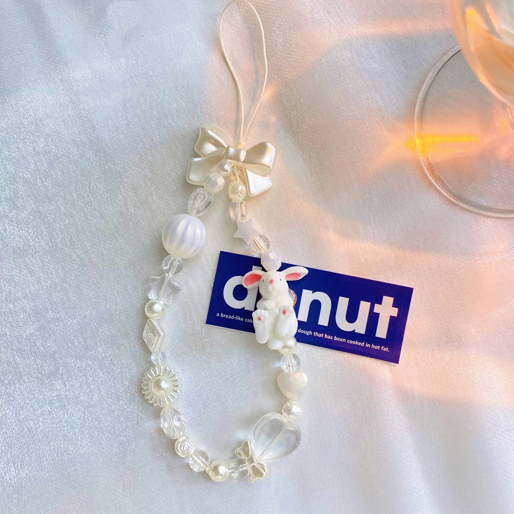 Ins Lucu Kelinci Putih Rantai Ponsel Anti Hilang Lembut Tembikar Tali Tali Tali Lanyard Manik-Manik Akrilik Warna-Warni Kasus Ponsel Gantung Kabel