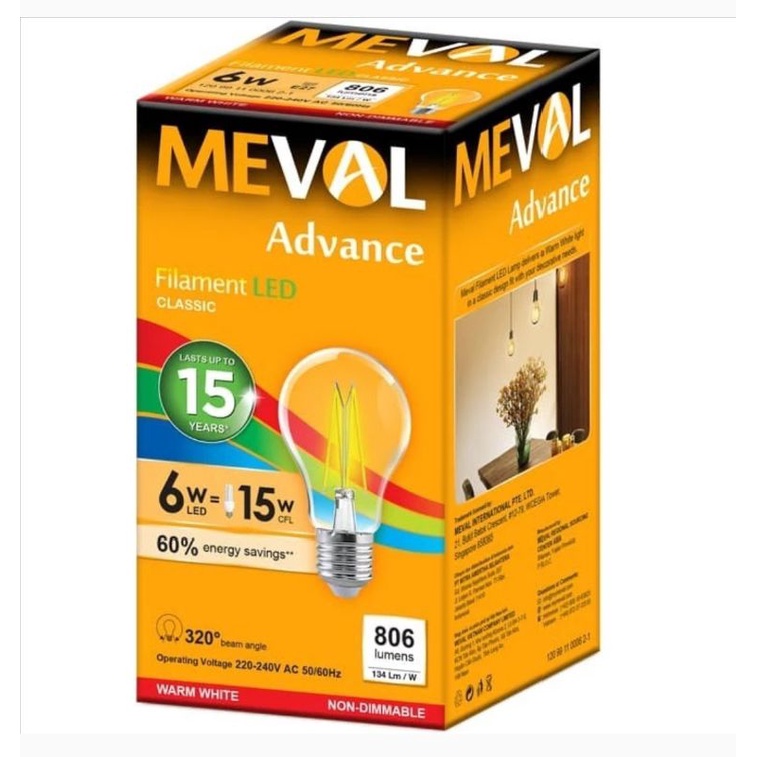 Lampu Bohlam Filament Led 6w Warm White Meval / Bohlam Led Classic 6 Watt