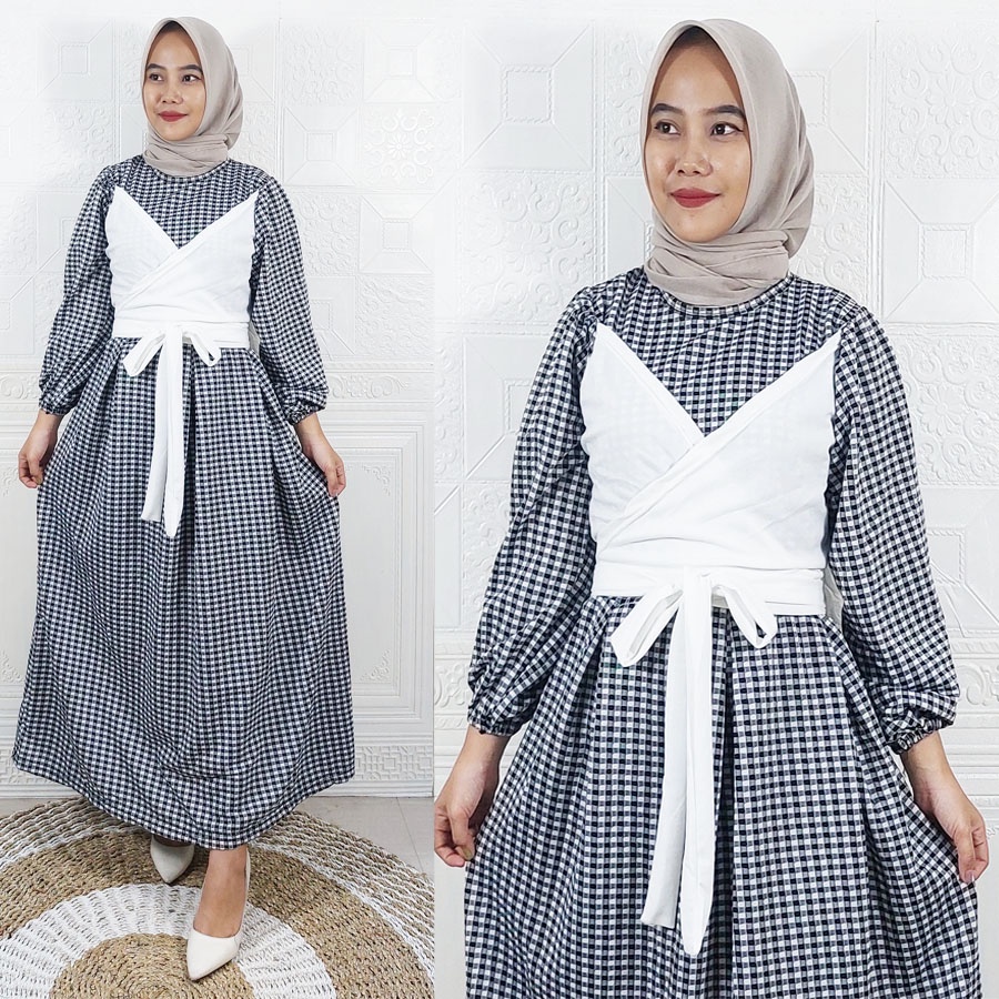 DRESS LESTY KOTAK KOMBINASI HITA PUTIH WANITA MAXI CARLINA