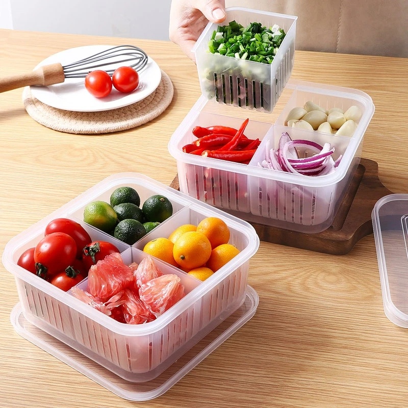 Kulkas Multifungsi Makanan Fresh-keeping Kotak Penyimpanan Segar Buah Sayur Organizer Dengan Tutup Kulkas Wadah Sekat Untuk Bawang Hijau Garlic Plastic Sealed Draining Case