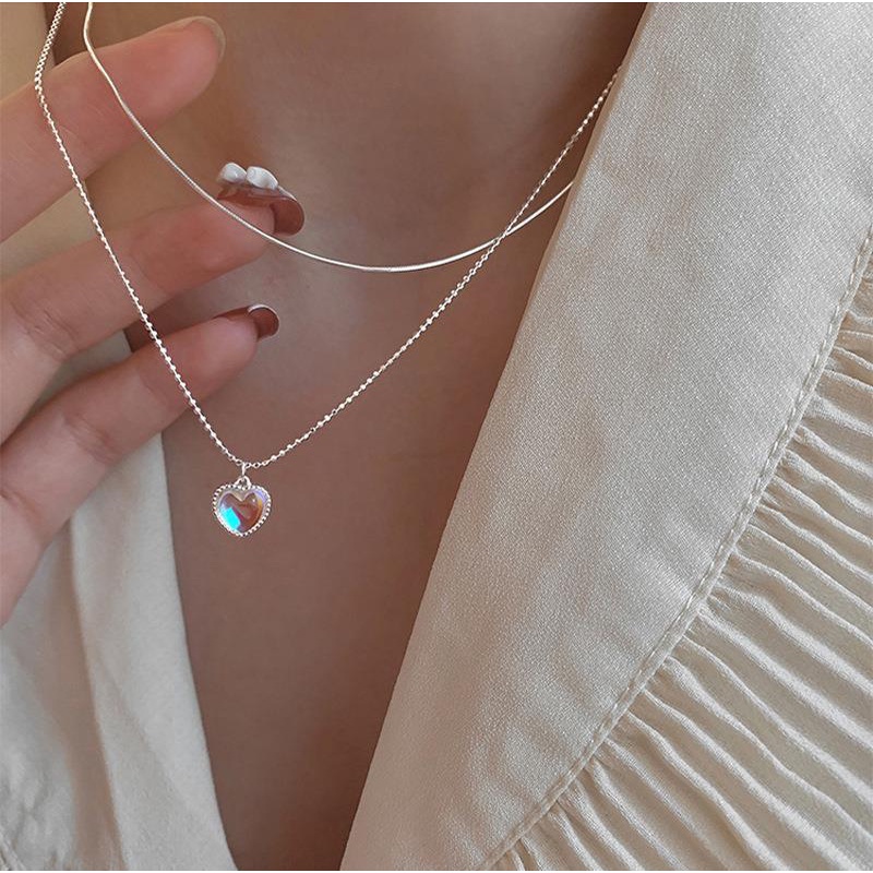 Roselife Chic Double Layer Silver Beaded Chain Opal Heart Pendant Kalung Untuk Wanita Perempuan Gaya Retro Choker Necklaces Jewelry