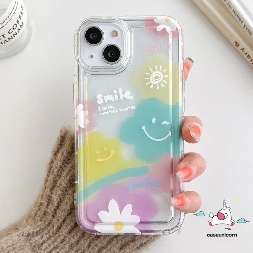 Compatible For iPhone 11 14 13 12 Pro Max 7 8 6 6S Plus XR X XS MAX Ins Korea Lucu Senyum Segar Cat Air Bunga Awan Cinta Hati Lembut TPU Penutup Belakang Shockproof Airbag Case
