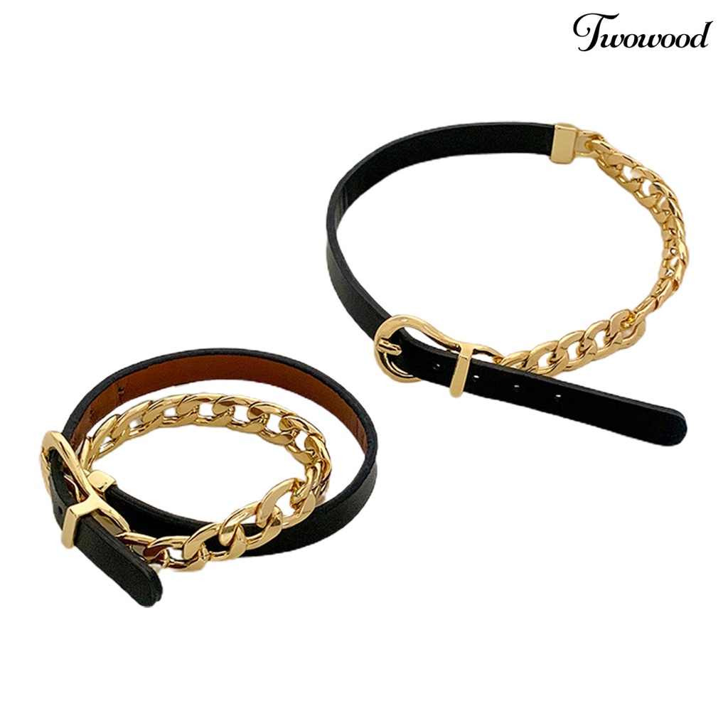 Twowood Wanita Choker Kulit Imitasi Adjustable Gesper Link Rantai Punk Kepribadian Hadiah Hip Hop Cewek Kerah Kalung Fashion Perhiasan