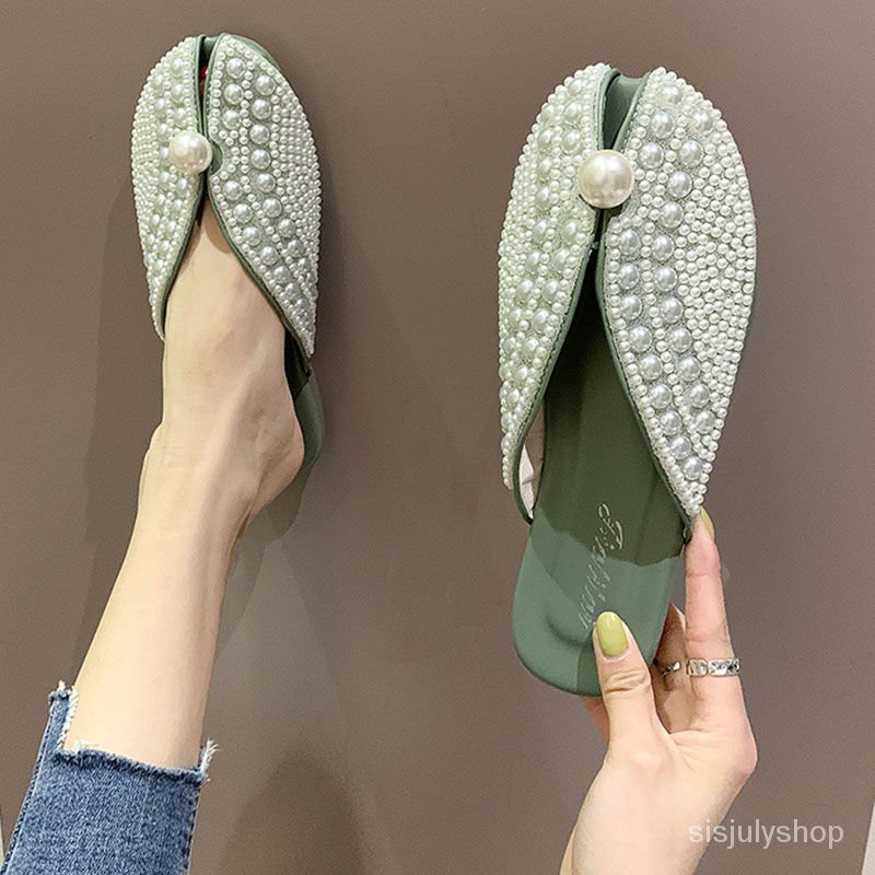 #Sisjuly# Sandal Baotou sandal mutiara sandal bawah datar wanita baru sandal mutiara