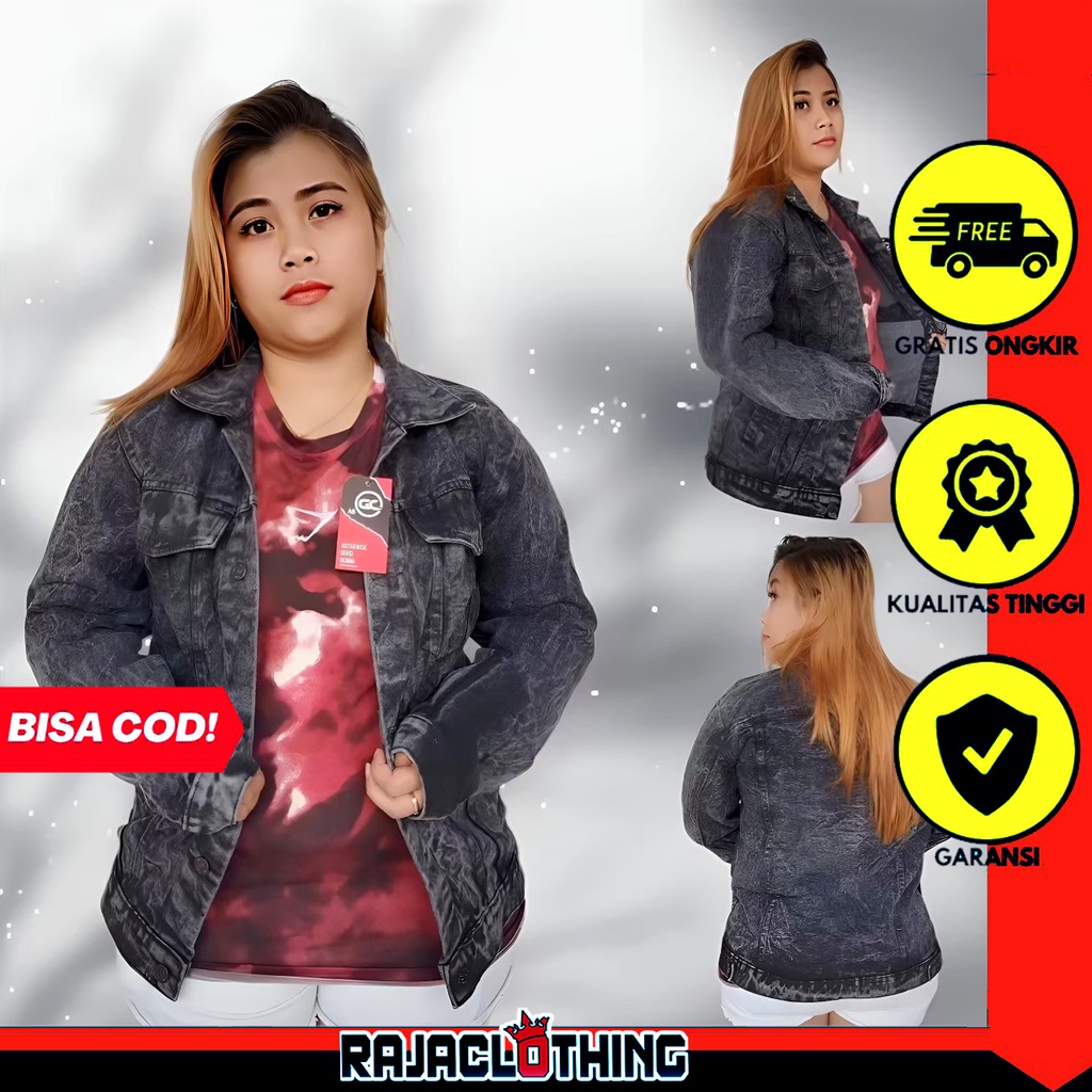 RCL - Jaket Jeans Denim Pria Wanita Jumbo Big Size Cowok Snow Black Sandwash Hitam Oversize Premium Quality